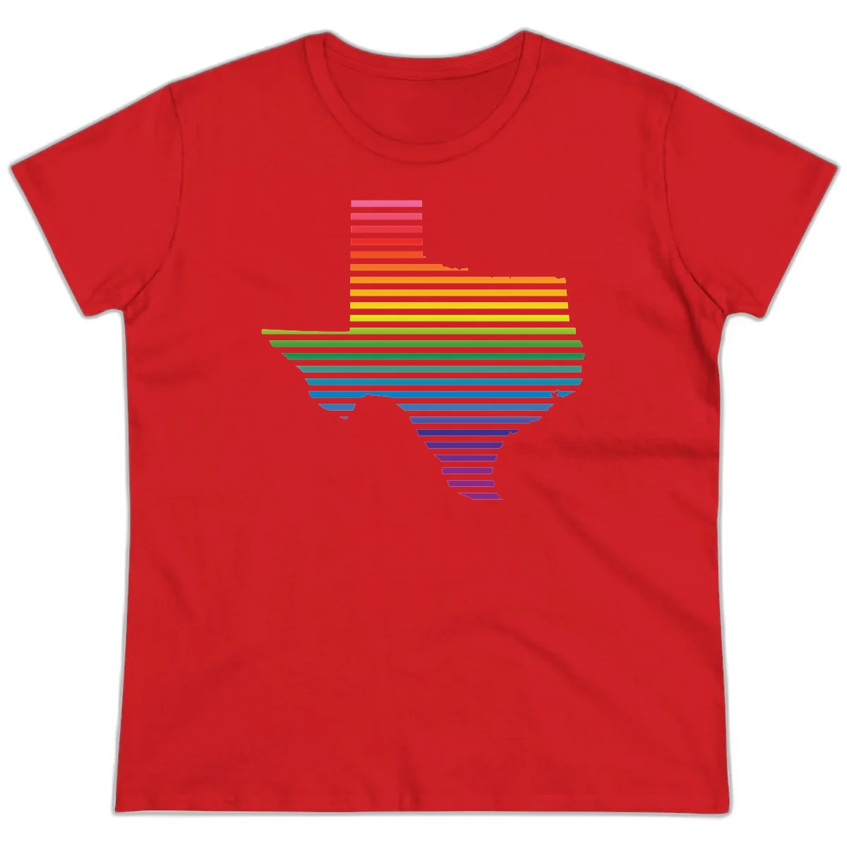 Rainbow pride spectrum design with cascading horizontal bars transitioning through all pride flag colors from pink to purple in Red