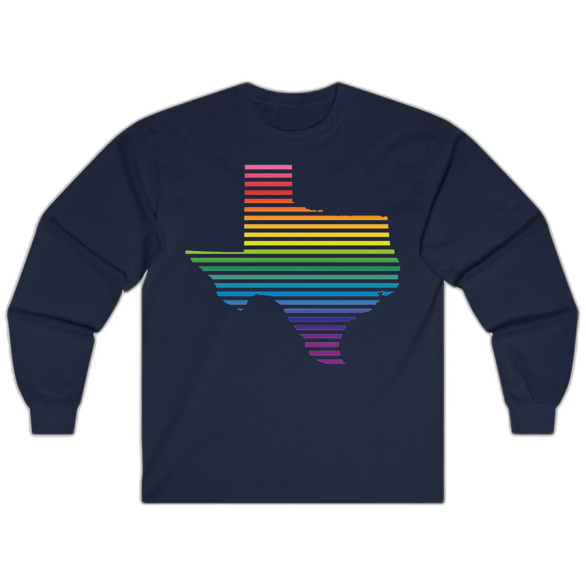 Rainbow pride spectrum design with cascading horizontal bars transitioning through all pride flag colors from pink to purple in Navy