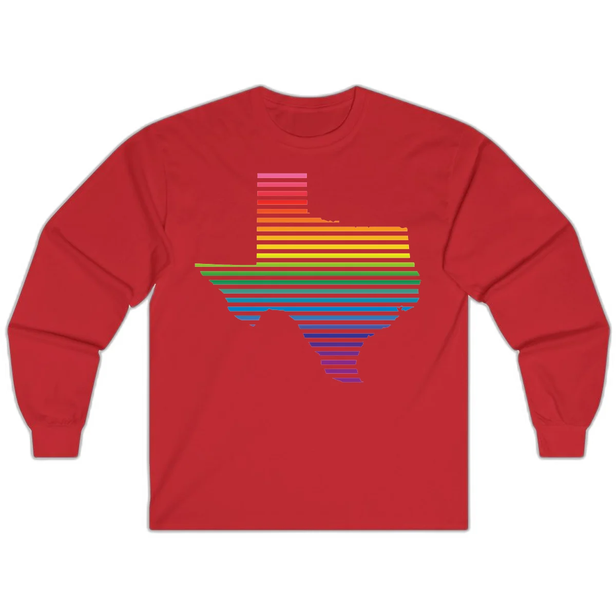 Rainbow pride spectrum design with cascading horizontal bars transitioning through all pride flag colors from pink to purple in Red