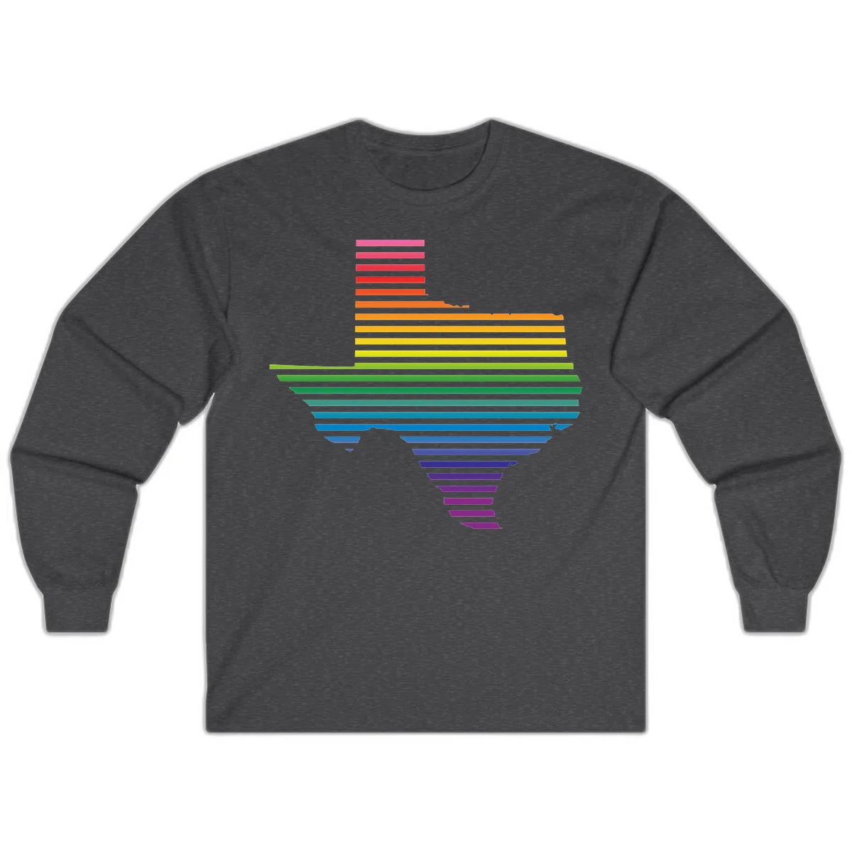 Rainbow pride spectrum design with cascading horizontal bars transitioning through all pride flag colors from pink to purple in Dark Heather