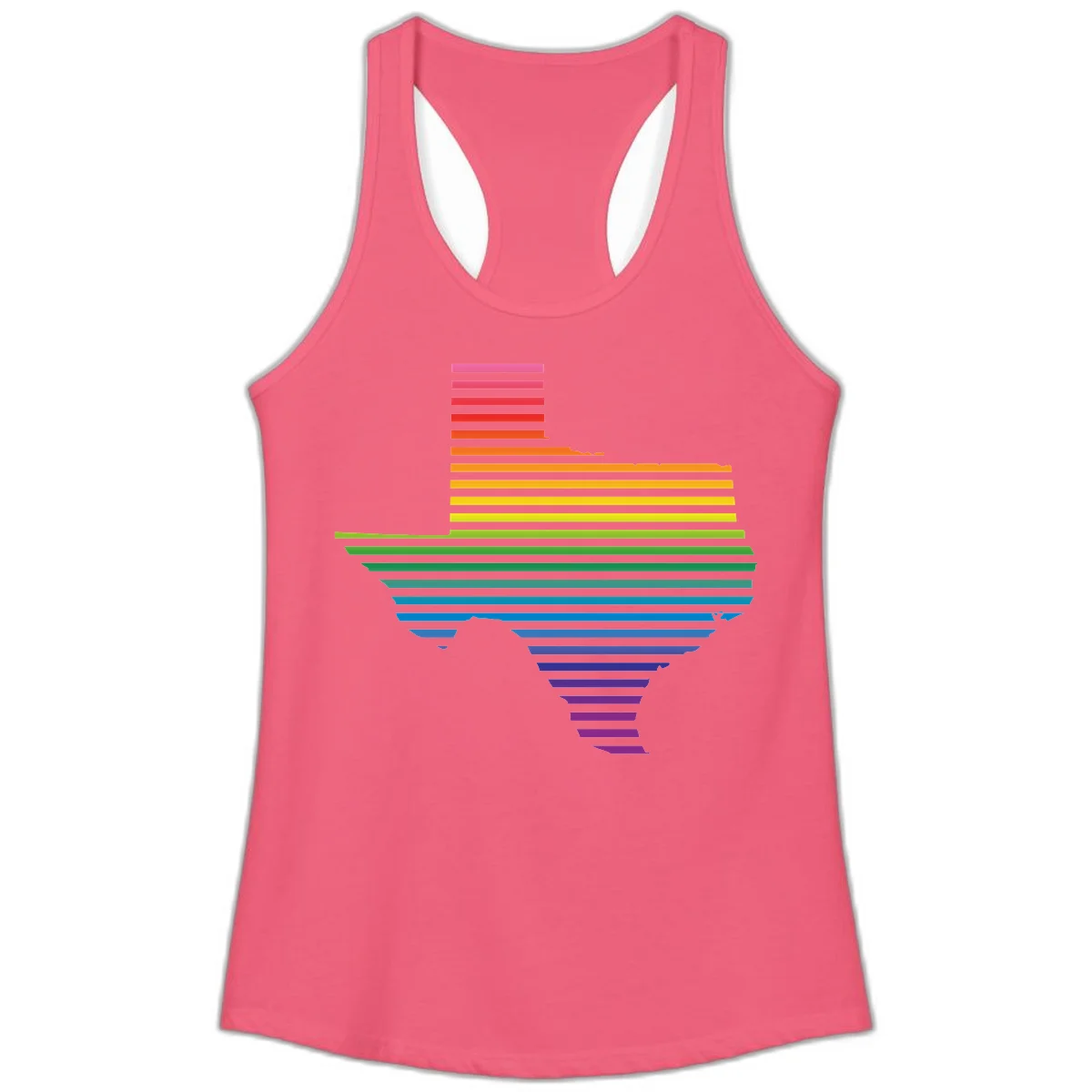 Rainbow pride spectrum design with cascading horizontal bars transitioning through all pride flag colors from pink to purple in Hot Pink