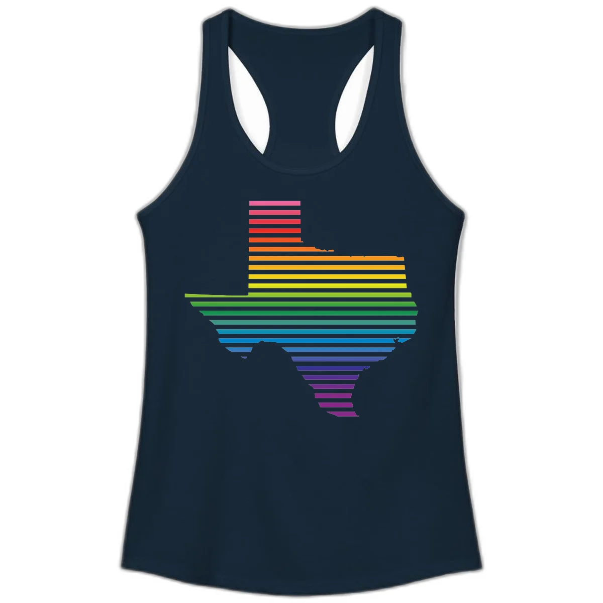Rainbow pride spectrum design with cascading horizontal bars transitioning through all pride flag colors from pink to purple in Solid Midnight Navy