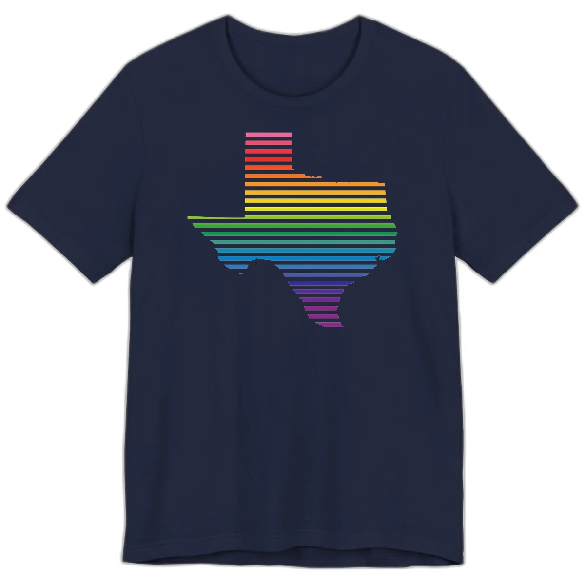 Rainbow pride spectrum design with cascading horizontal bars transitioning through all pride flag colors from pink to purple in Navy