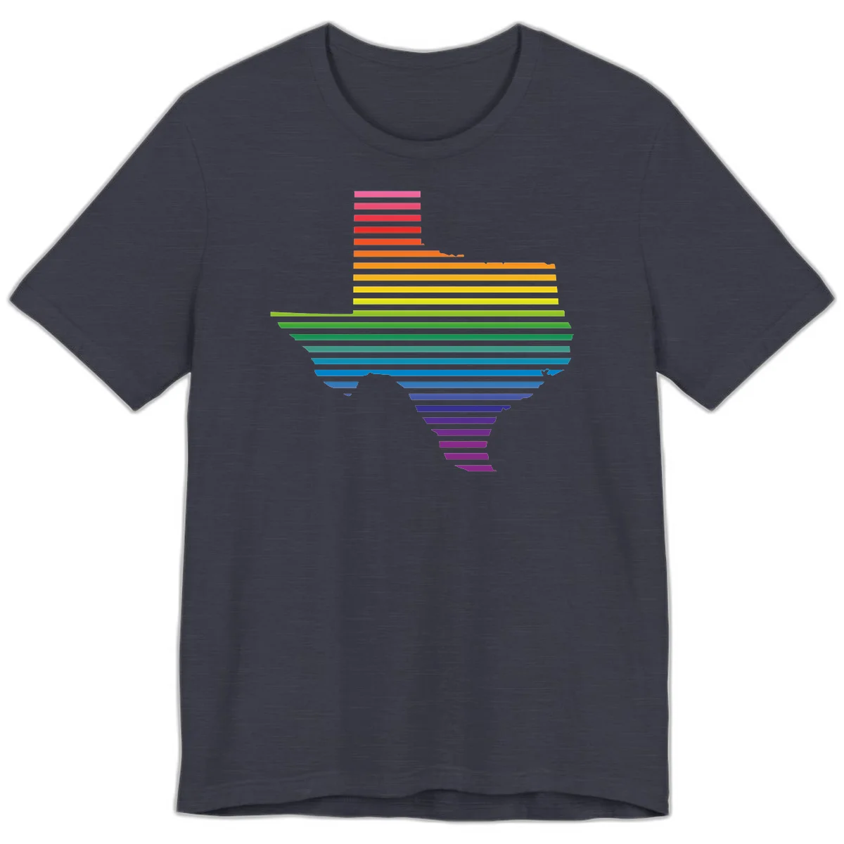 Rainbow pride spectrum design with cascading horizontal bars transitioning through all pride flag colors from pink to purple in Heather Midnight Navy