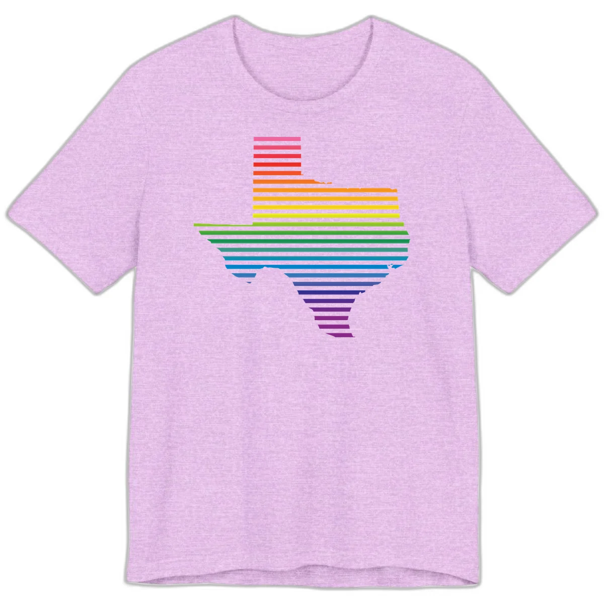 Rainbow pride spectrum design with cascading horizontal bars transitioning through all pride flag colors from pink to purple in Heather Prism Lilac