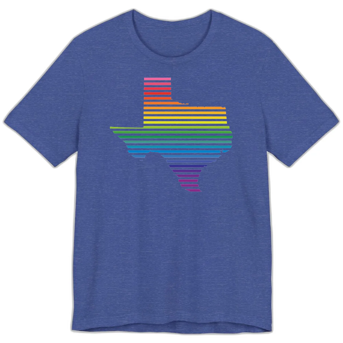 Rainbow pride spectrum design with cascading horizontal bars transitioning through all pride flag colors from pink to purple in Heather True Royal