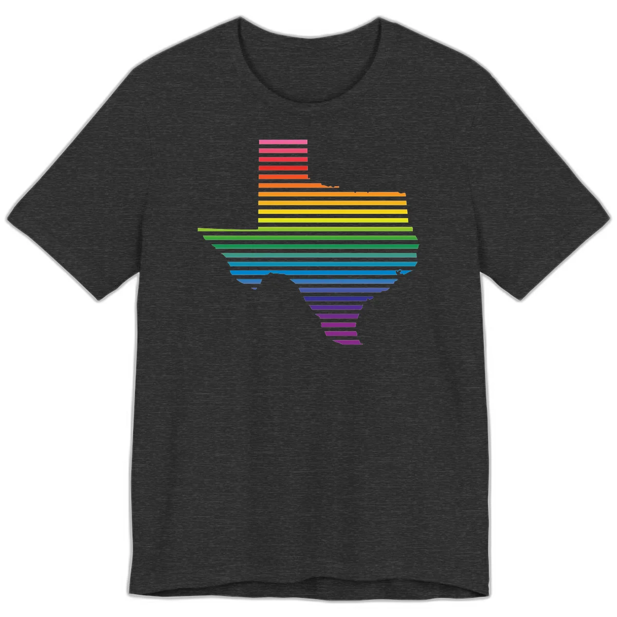 Rainbow pride spectrum design with cascading horizontal bars transitioning through all pride flag colors from pink to purple in Dark Grey Heather
