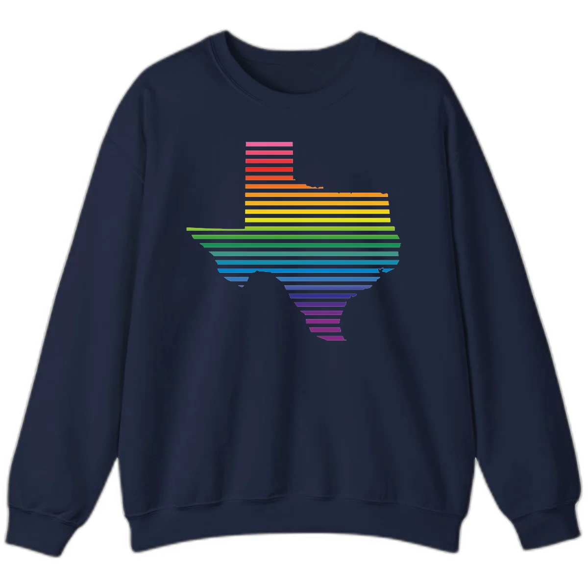 Rainbow pride spectrum design with cascading horizontal bars transitioning through all pride flag colors from pink to purple in Navy