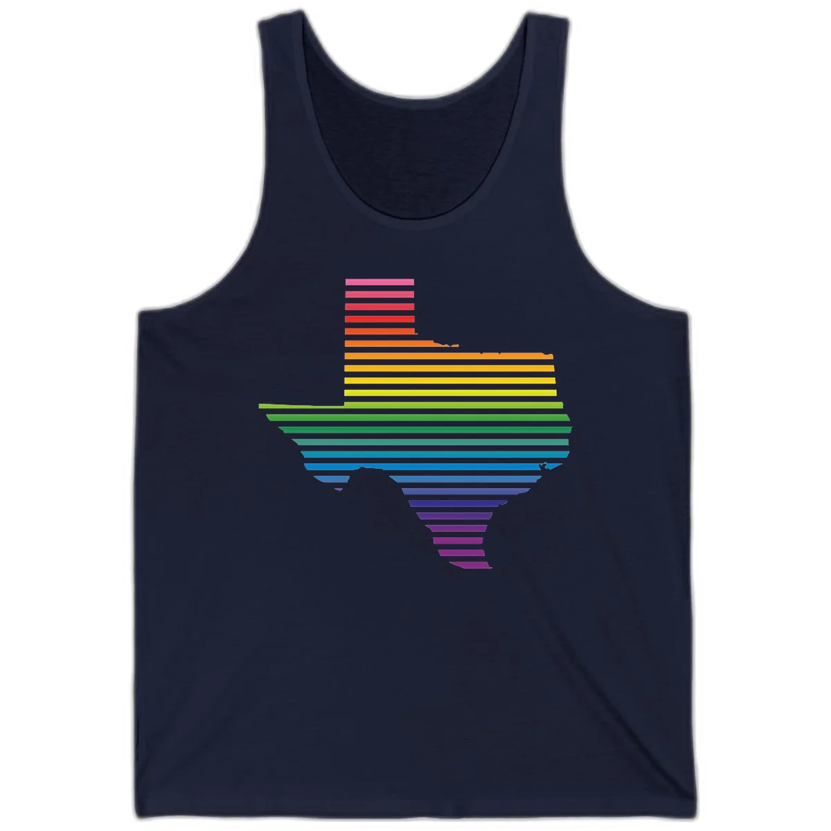 Rainbow pride spectrum design with cascading horizontal bars transitioning through all pride flag colors from pink to purple in Navy
