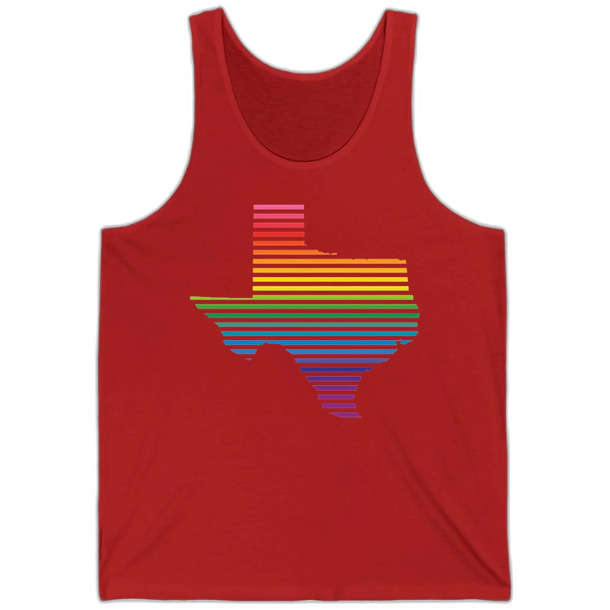 Rainbow pride spectrum design with cascading horizontal bars transitioning through all pride flag colors from pink to purple in Red