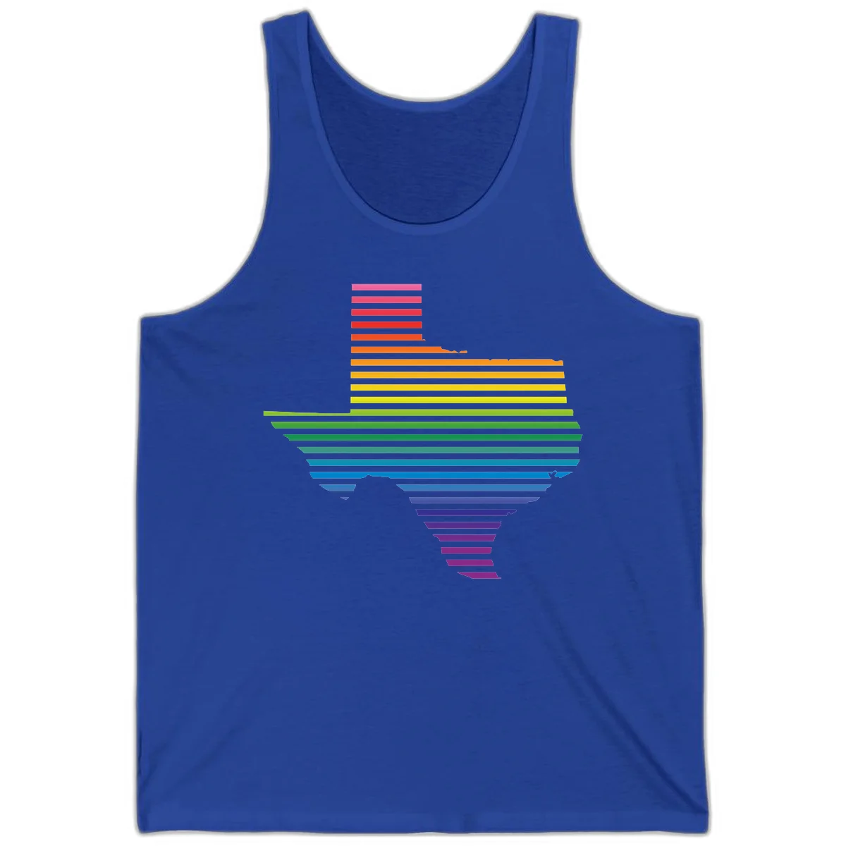 Rainbow pride spectrum design with cascading horizontal bars transitioning through all pride flag colors from pink to purple in True Royal