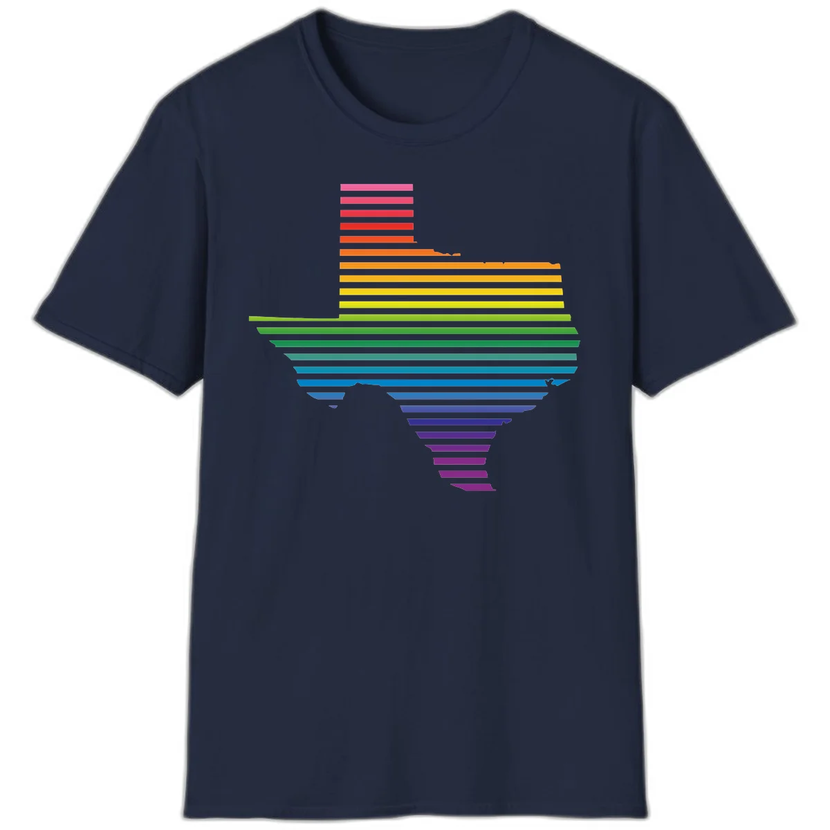 Rainbow pride spectrum design with cascading horizontal bars transitioning through all pride flag colors from pink to purple in Navy