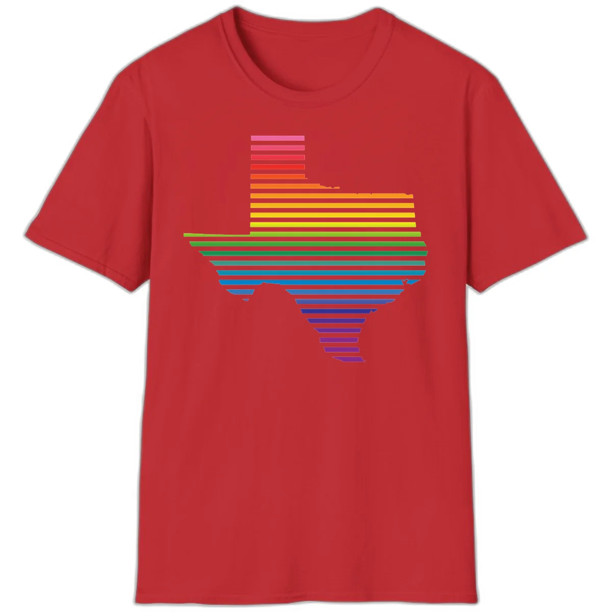 Rainbow pride spectrum design with cascading horizontal bars transitioning through all pride flag colors from pink to purple in Red