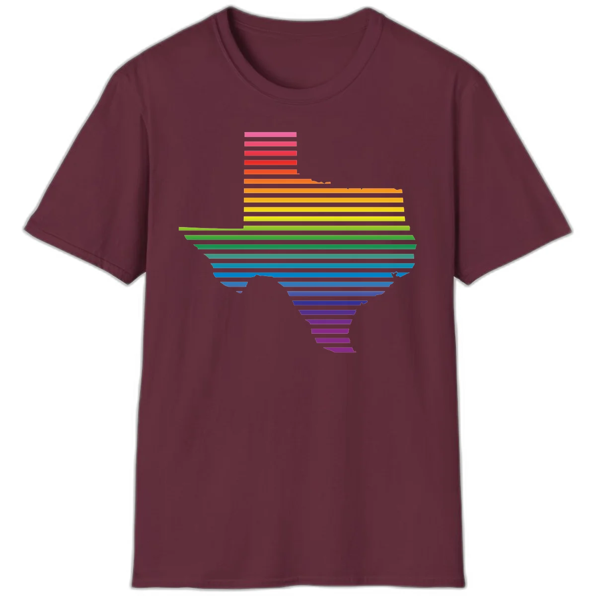 Rainbow pride spectrum design with cascading horizontal bars transitioning through all pride flag colors from pink to purple in Maroon