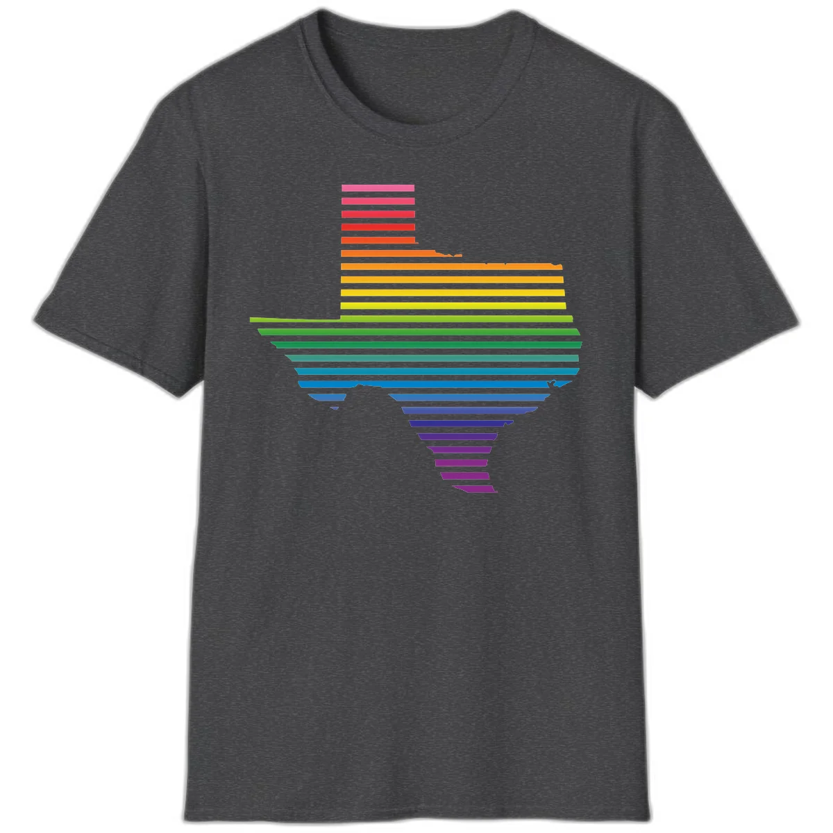 Rainbow pride spectrum design with cascading horizontal bars transitioning through all pride flag colors from pink to purple in Dark Heather