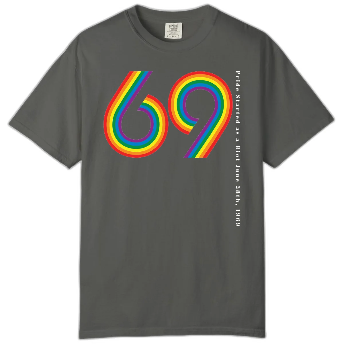 Rainbow-striped numbers 69 with text 'Pride Started as a Riot June 28th, 1969' celebrating Stonewall Pride anniversary in Pepper