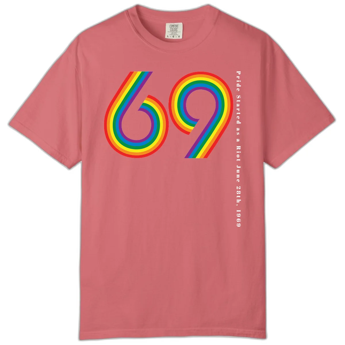 Rainbow-striped numbers 69 with text 'Pride Started as a Riot June 28th, 1969' celebrating Stonewall Pride anniversary in Watermelon