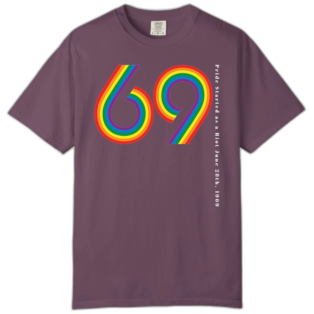 Rainbow-striped numbers 69 with text 'Pride Started as a Riot June 28th, 1969' celebrating Stonewall Pride anniversary in Berry