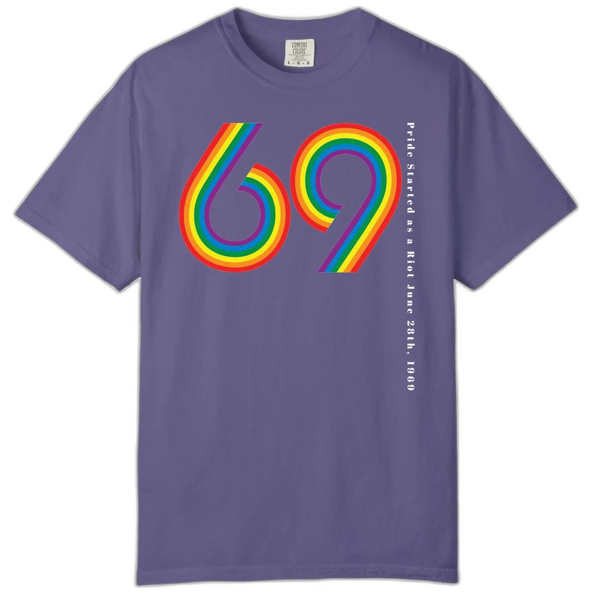 Rainbow-striped numbers 69 with text 'Pride Started as a Riot June 28th, 1969' celebrating Stonewall Pride anniversary in Grape