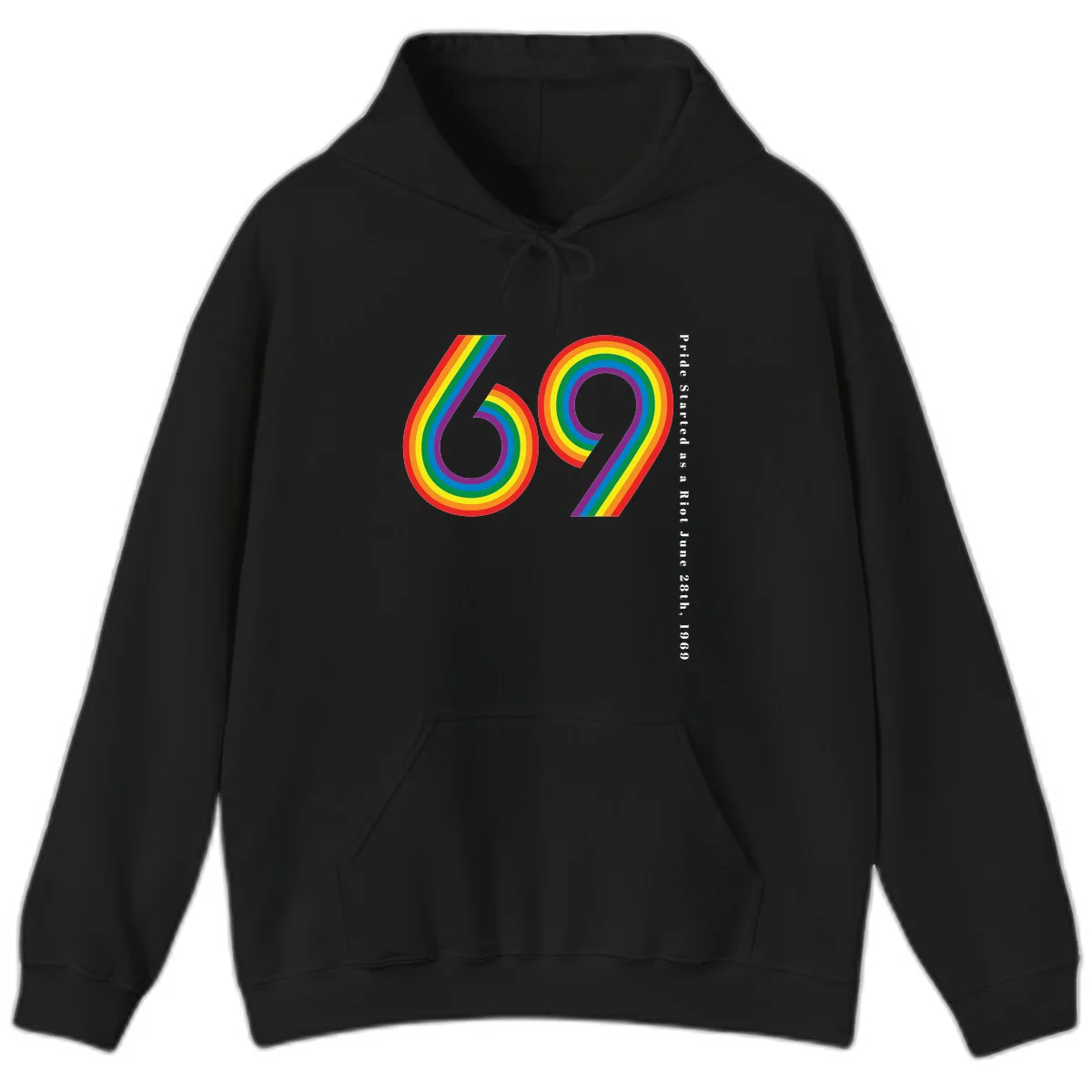 Rainbow-striped numbers 69 with text 'Pride Started as a Riot June 28th, 1969' celebrating Stonewall Pride anniversary in Black