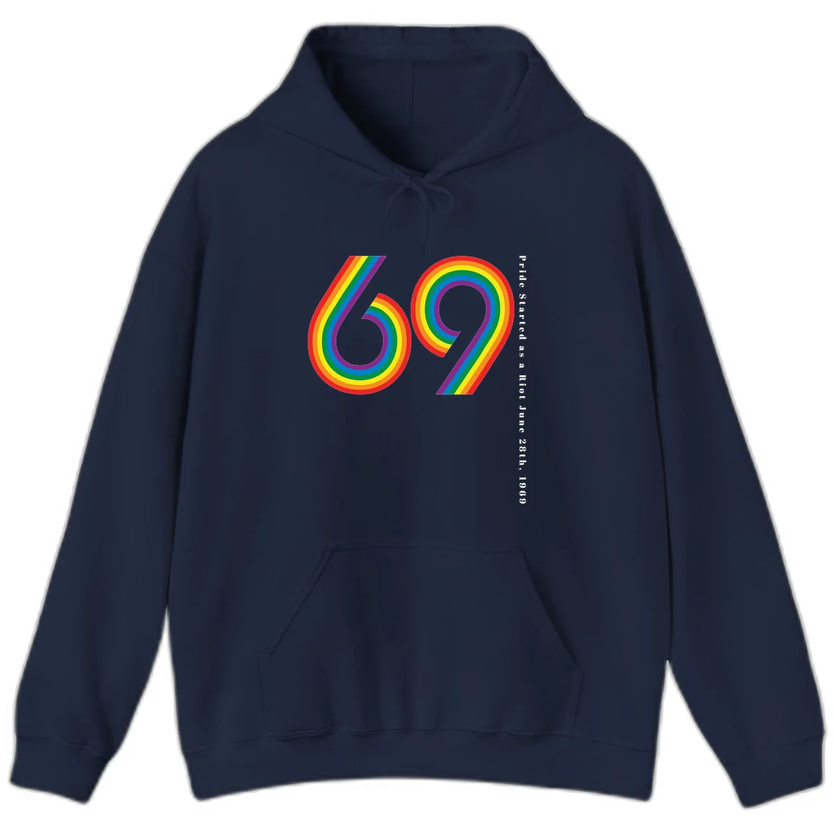 Rainbow-striped numbers 69 with text 'Pride Started as a Riot June 28th, 1969' celebrating Stonewall Pride anniversary in Navy