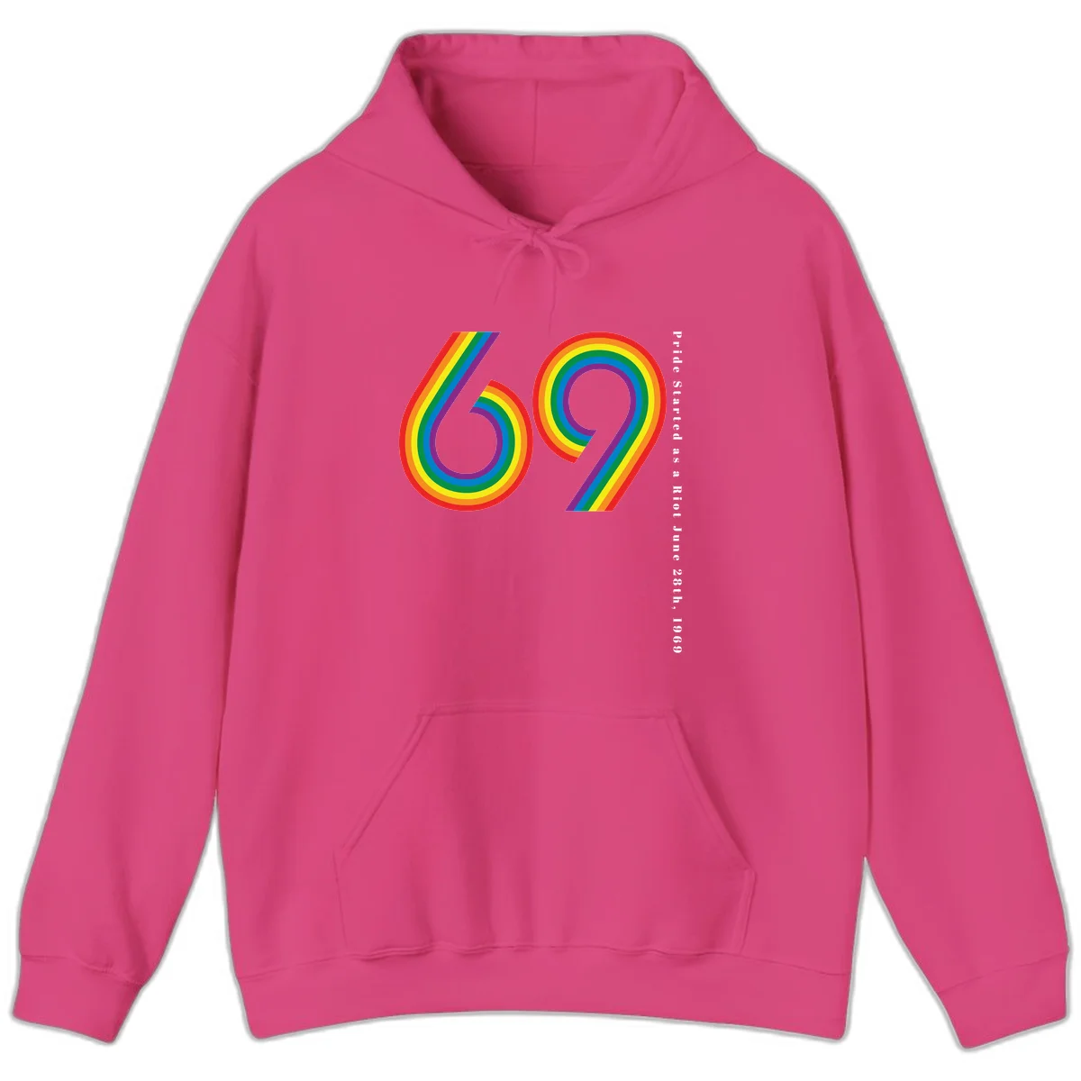 Rainbow-striped numbers 69 with text 'Pride Started as a Riot June 28th, 1969' celebrating Stonewall Pride anniversary in Heliconia