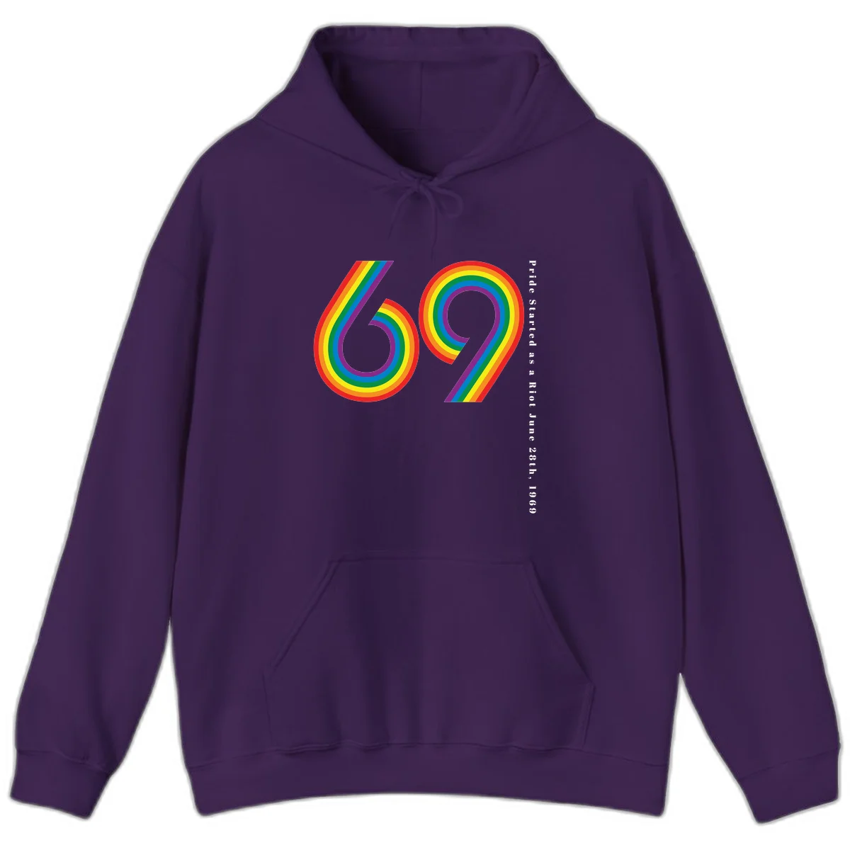 Rainbow-striped numbers 69 with text 'Pride Started as a Riot June 28th, 1969' celebrating Stonewall Pride anniversary in Purple
