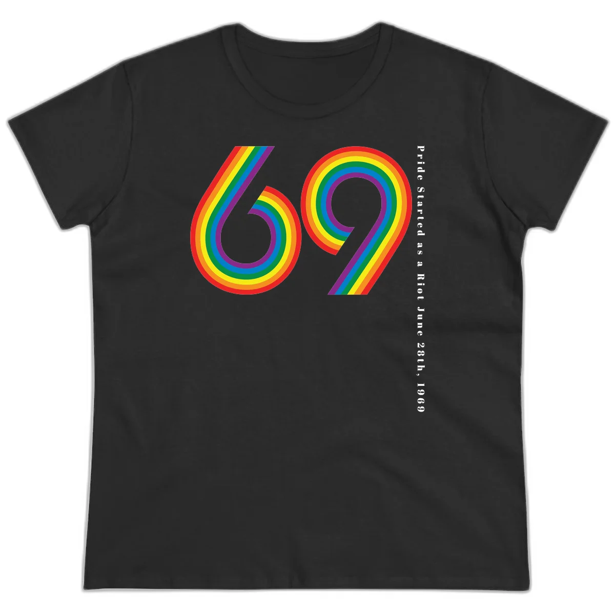 Rainbow-striped numbers 69 with text 'Pride Started as a Riot June 28th, 1969' celebrating Stonewall Pride anniversary in Black