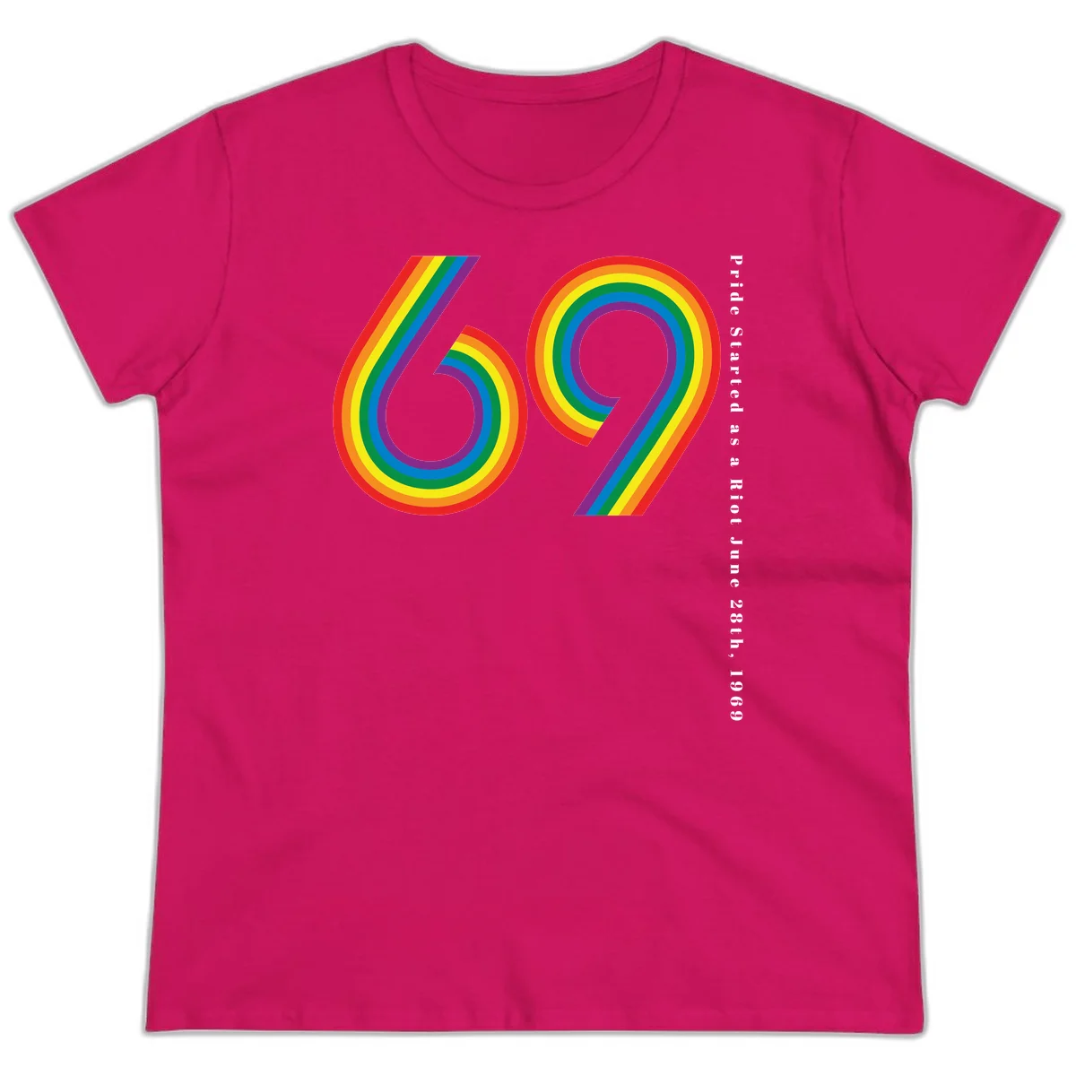Rainbow-striped numbers 69 with text 'Pride Started as a Riot June 28th, 1969' celebrating Stonewall Pride anniversary in Heliconia