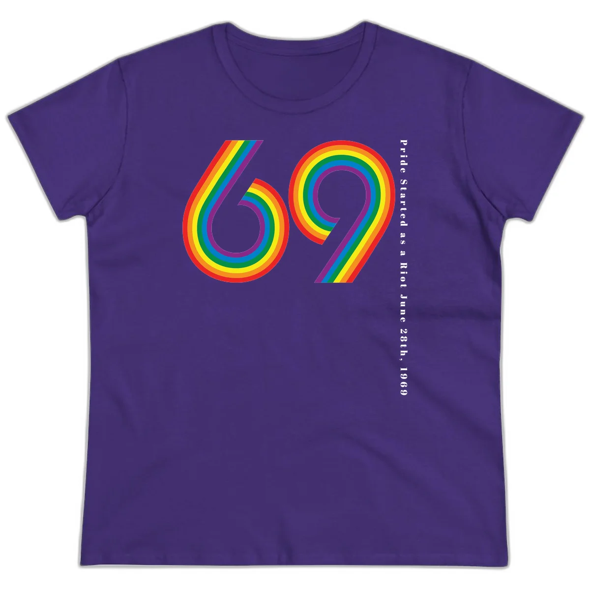 Rainbow-striped numbers 69 with text 'Pride Started as a Riot June 28th, 1969' celebrating Stonewall Pride anniversary in Purple
