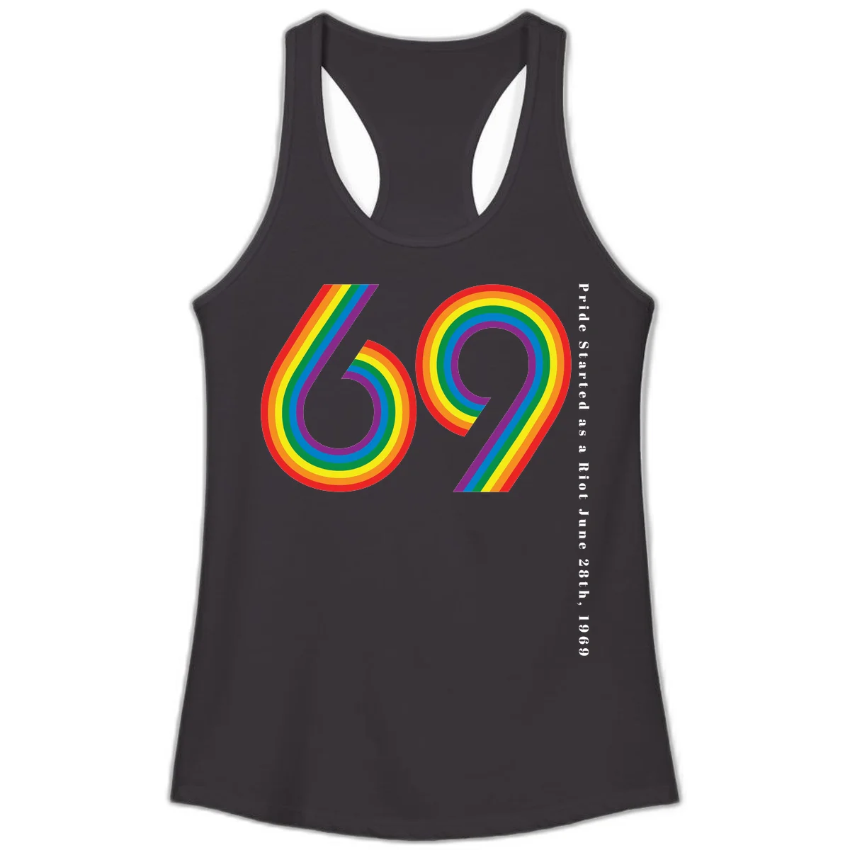 Rainbow-striped numbers 69 with text 'Pride Started as a Riot June 28th, 1969' celebrating Stonewall Pride anniversary in Black