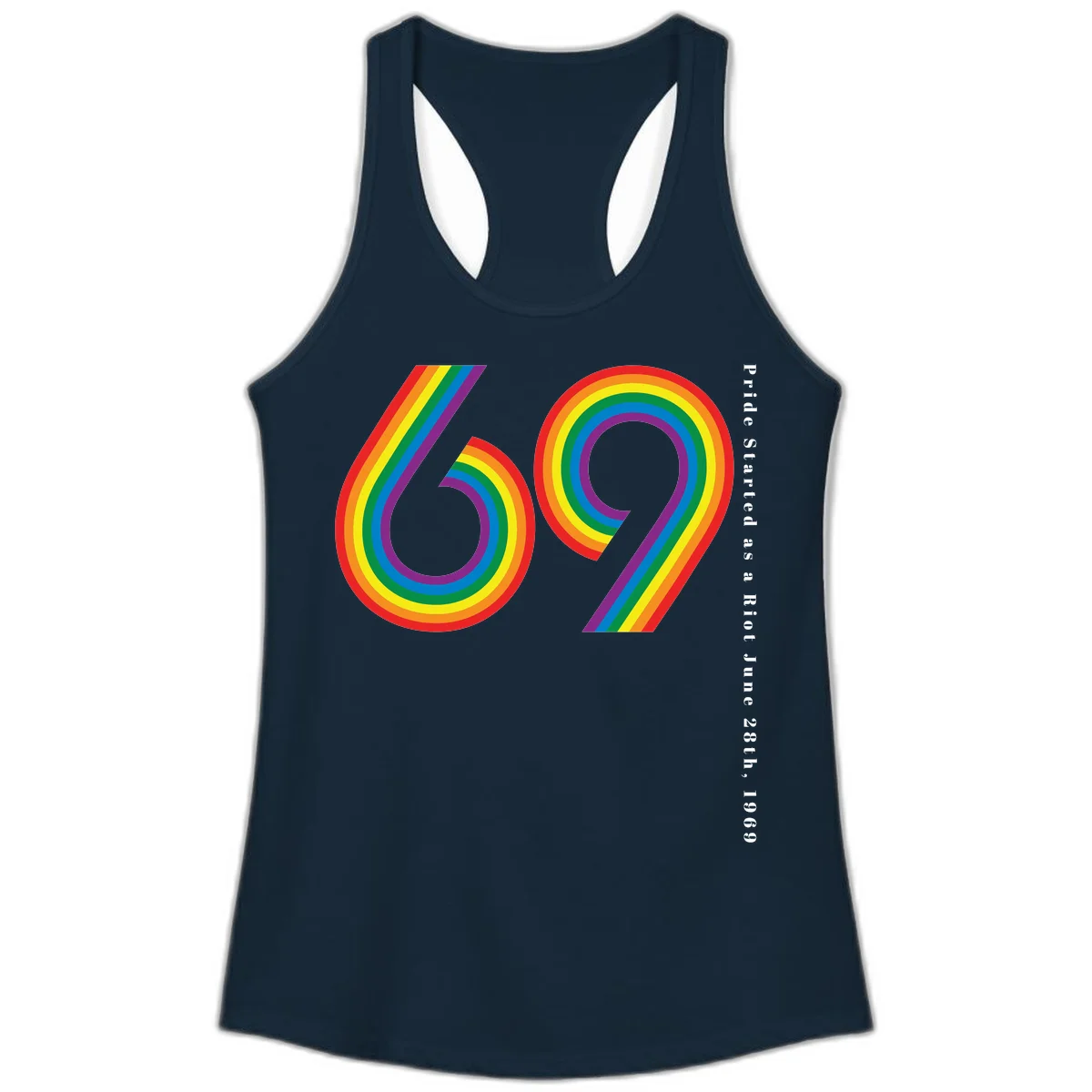 Rainbow-striped numbers 69 with text 'Pride Started as a Riot June 28th, 1969' celebrating Stonewall Pride anniversary in Solid Midnight Navy