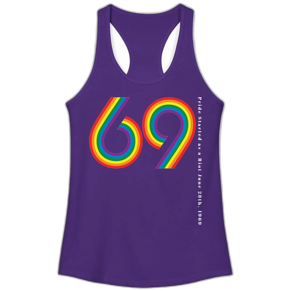 Rainbow-striped numbers 69 with text 'Pride Started as a Riot June 28th, 1969' celebrating Stonewall Pride anniversary in Solid Purple Rush