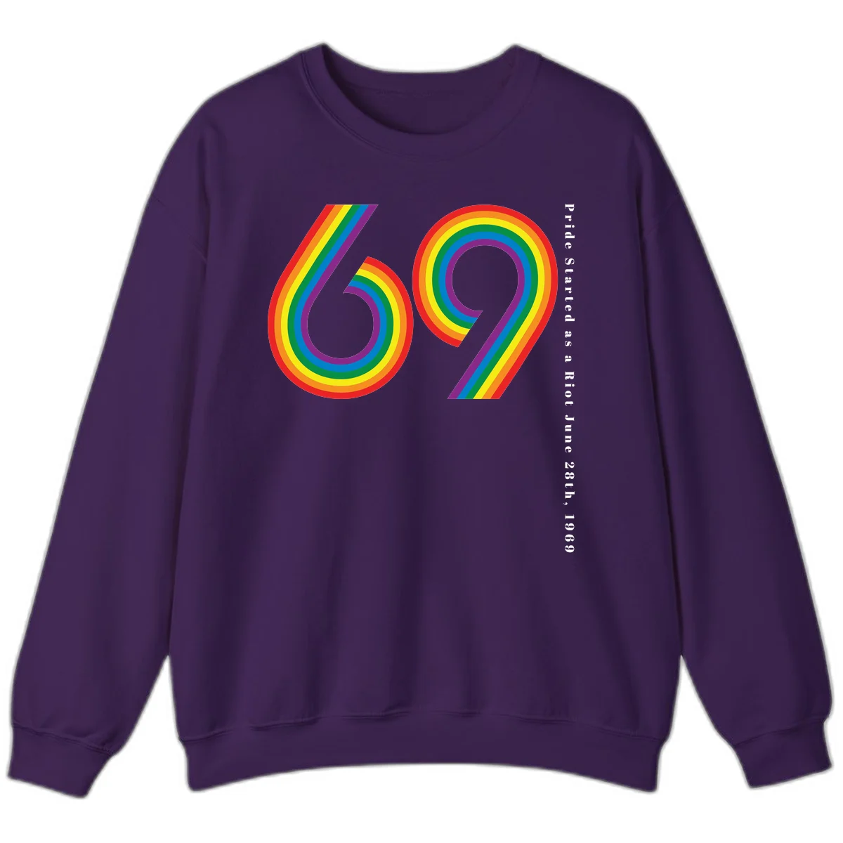 Rainbow-striped numbers 69 with text 'Pride Started as a Riot June 28th, 1969' celebrating Stonewall Pride anniversary in Purple