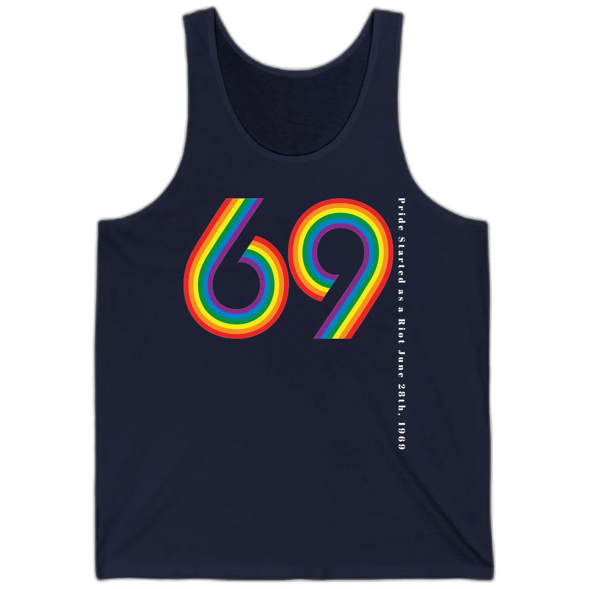 Rainbow-striped numbers 69 with text 'Pride Started as a Riot June 28th, 1969' celebrating Stonewall Pride anniversary in Navy
