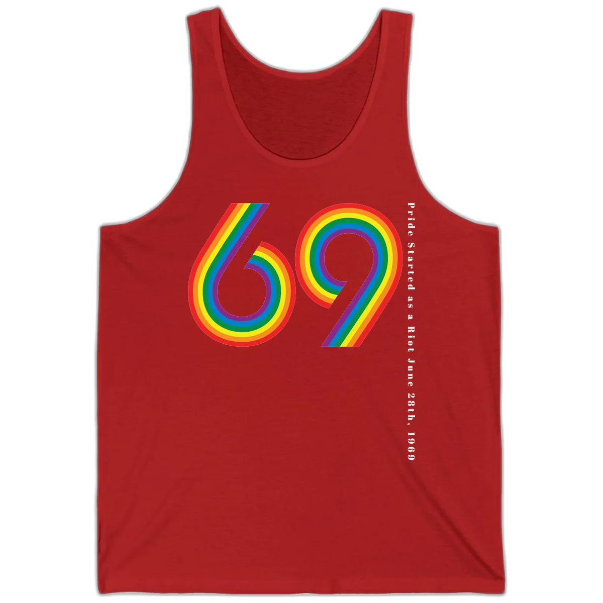 Rainbow-striped numbers 69 with text 'Pride Started as a Riot June 28th, 1969' celebrating Stonewall Pride anniversary in Red