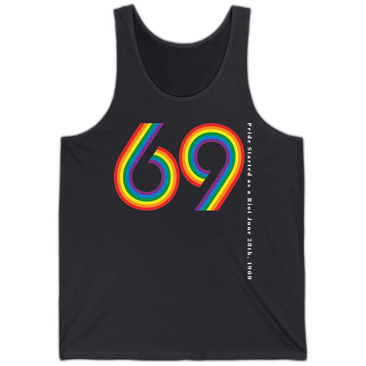 Rainbow-striped numbers 69 with text 'Pride Started as a Riot June 28th, 1969' celebrating Stonewall Pride anniversary in Dark Grey