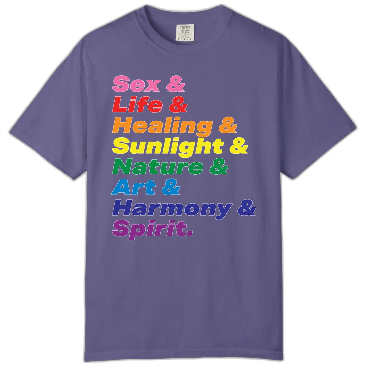 Rainbow stacked text design reading 'Sex & Life & Healing & Sunlight & Nature & Art & Harmony & Spirit' in vibrant spectrum colors in Grape