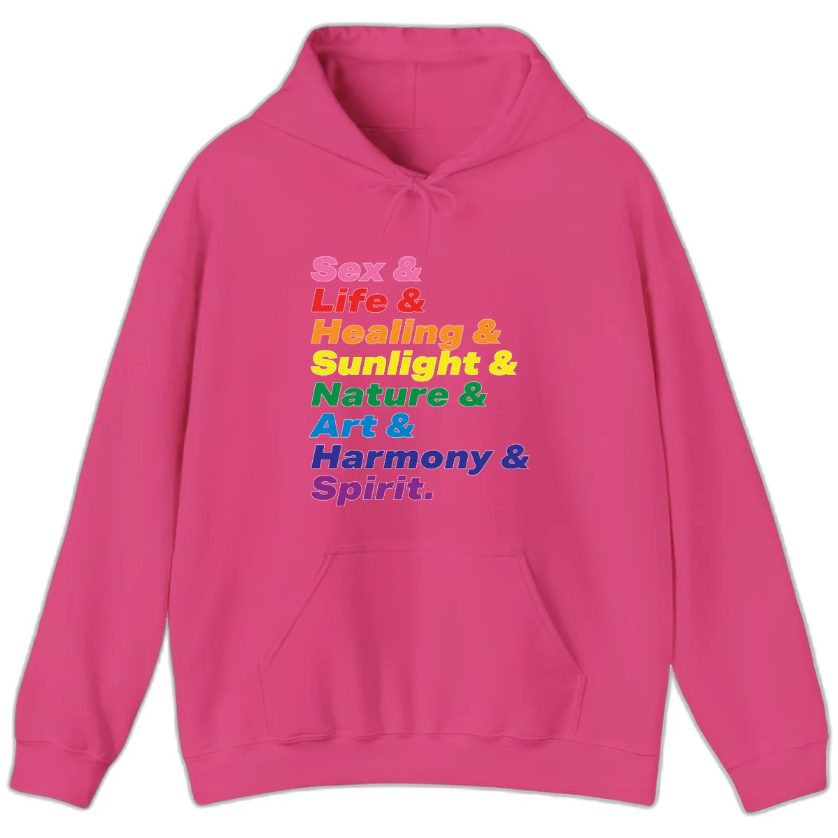 Rainbow stacked text design reading 'Sex & Life & Healing & Sunlight & Nature & Art & Harmony & Spirit' in vibrant spectrum colors in Heliconia