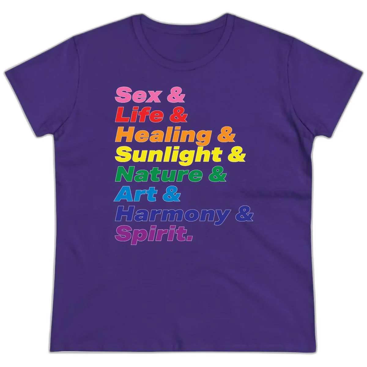 Rainbow stacked text design reading 'Sex & Life & Healing & Sunlight & Nature & Art & Harmony & Spirit' in vibrant spectrum colors in Purple