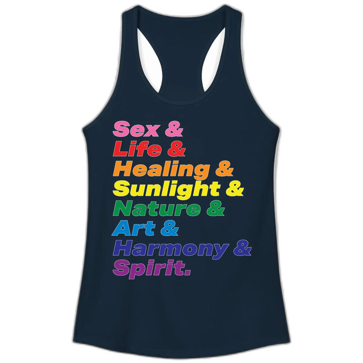 Rainbow stacked text design reading 'Sex & Life & Healing & Sunlight & Nature & Art & Harmony & Spirit' in vibrant spectrum colors in Solid Midnight Navy