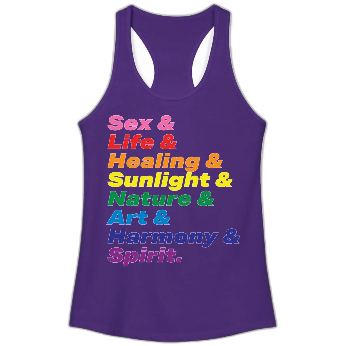 Rainbow stacked text design reading 'Sex & Life & Healing & Sunlight & Nature & Art & Harmony & Spirit' in vibrant spectrum colors in Solid Purple Rush
