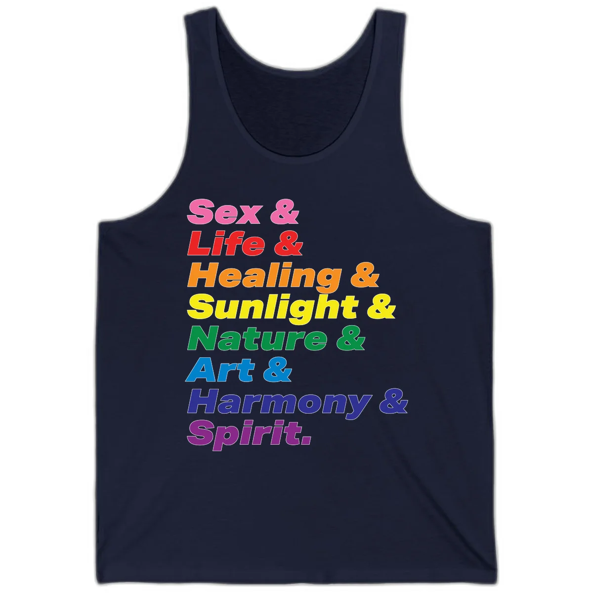 Rainbow stacked text design reading 'Sex & Life & Healing & Sunlight & Nature & Art & Harmony & Spirit' in vibrant spectrum colors in Navy
