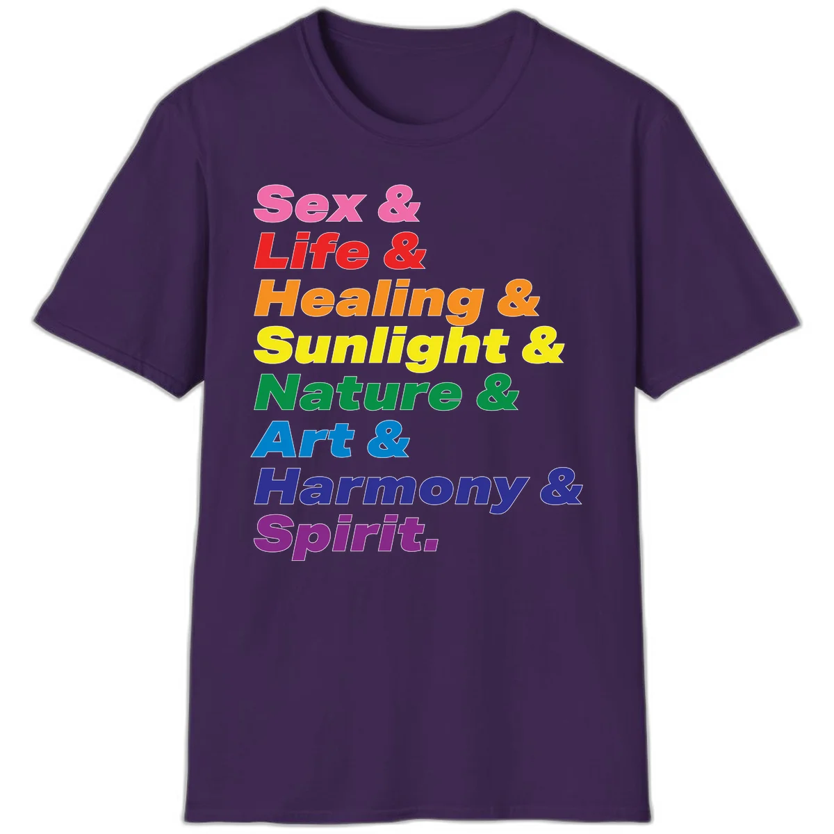 Rainbow stacked text design reading 'Sex & Life & Healing & Sunlight & Nature & Art & Harmony & Spirit' in vibrant spectrum colors in Purple