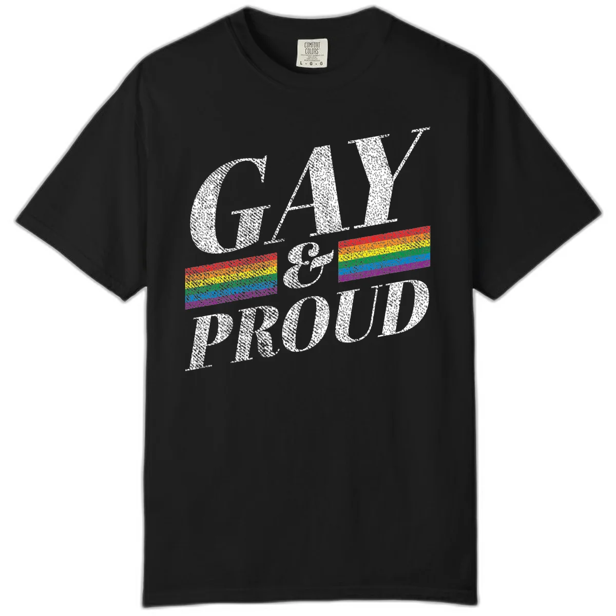 Gay and proud pride design with large white textured letters and rainbow flag stripes on gray background in Black