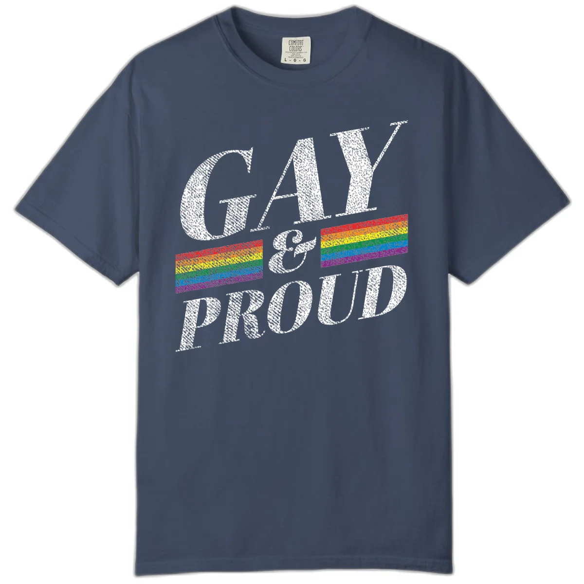 Gay and proud pride design with large white textured letters and rainbow flag stripes on gray background in Midnight