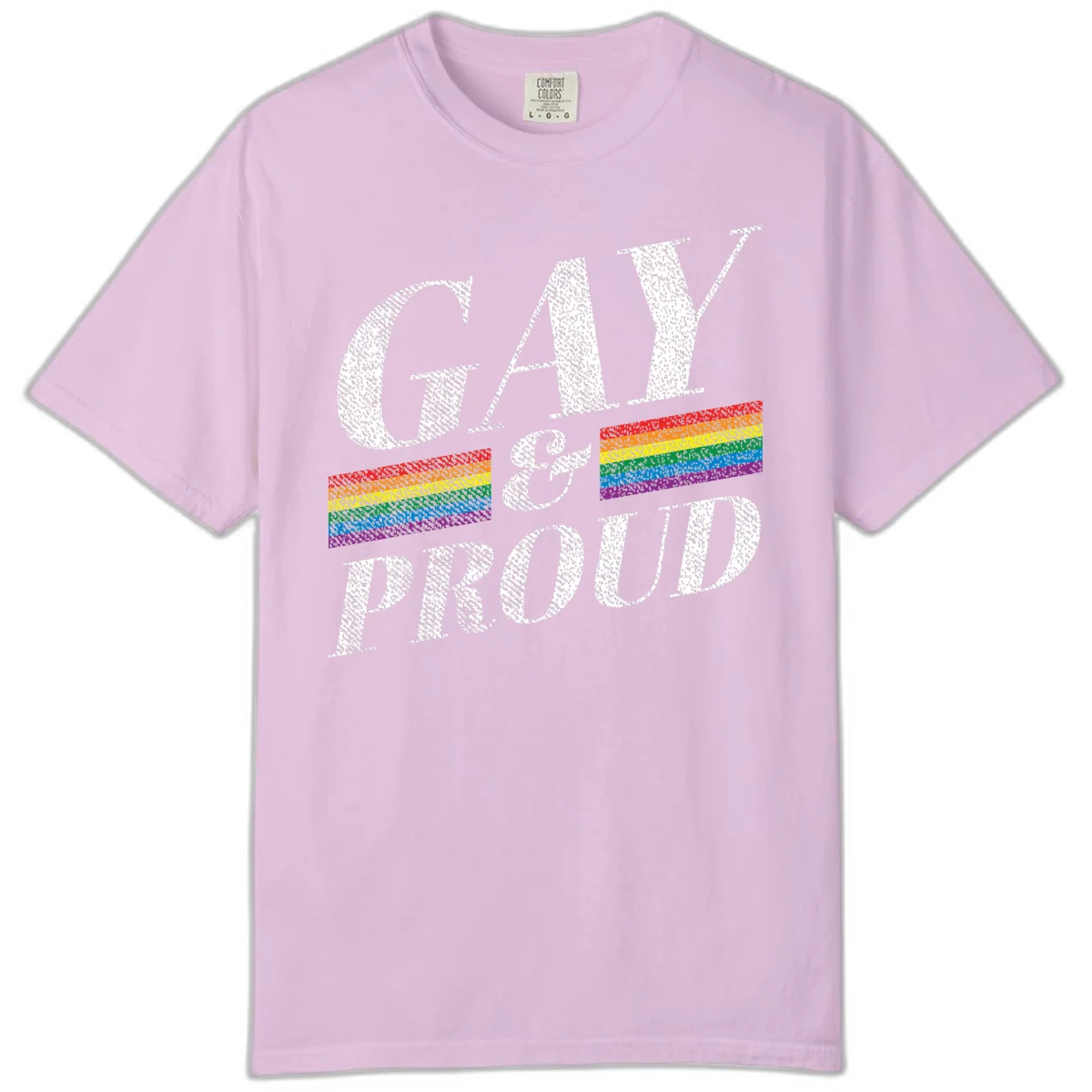Gay and proud pride design with large white textured letters and rainbow flag stripes on gray background in Orchid
