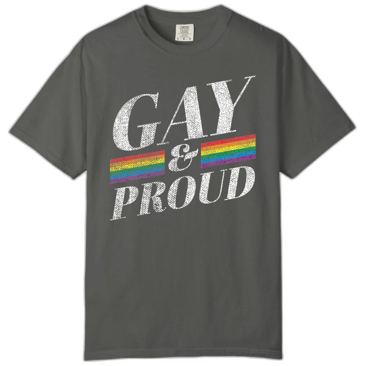 Gay and proud pride design with large white textured letters and rainbow flag stripes on gray background in Pepper