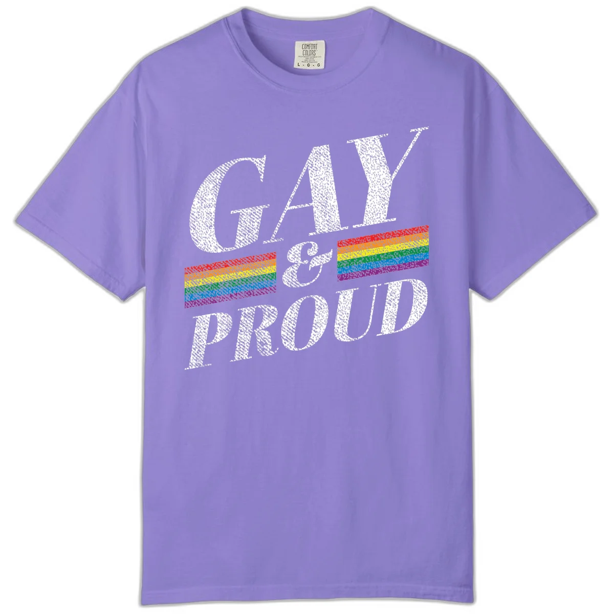 Gay and proud pride design with large white textured letters and rainbow flag stripes on gray background in Violet