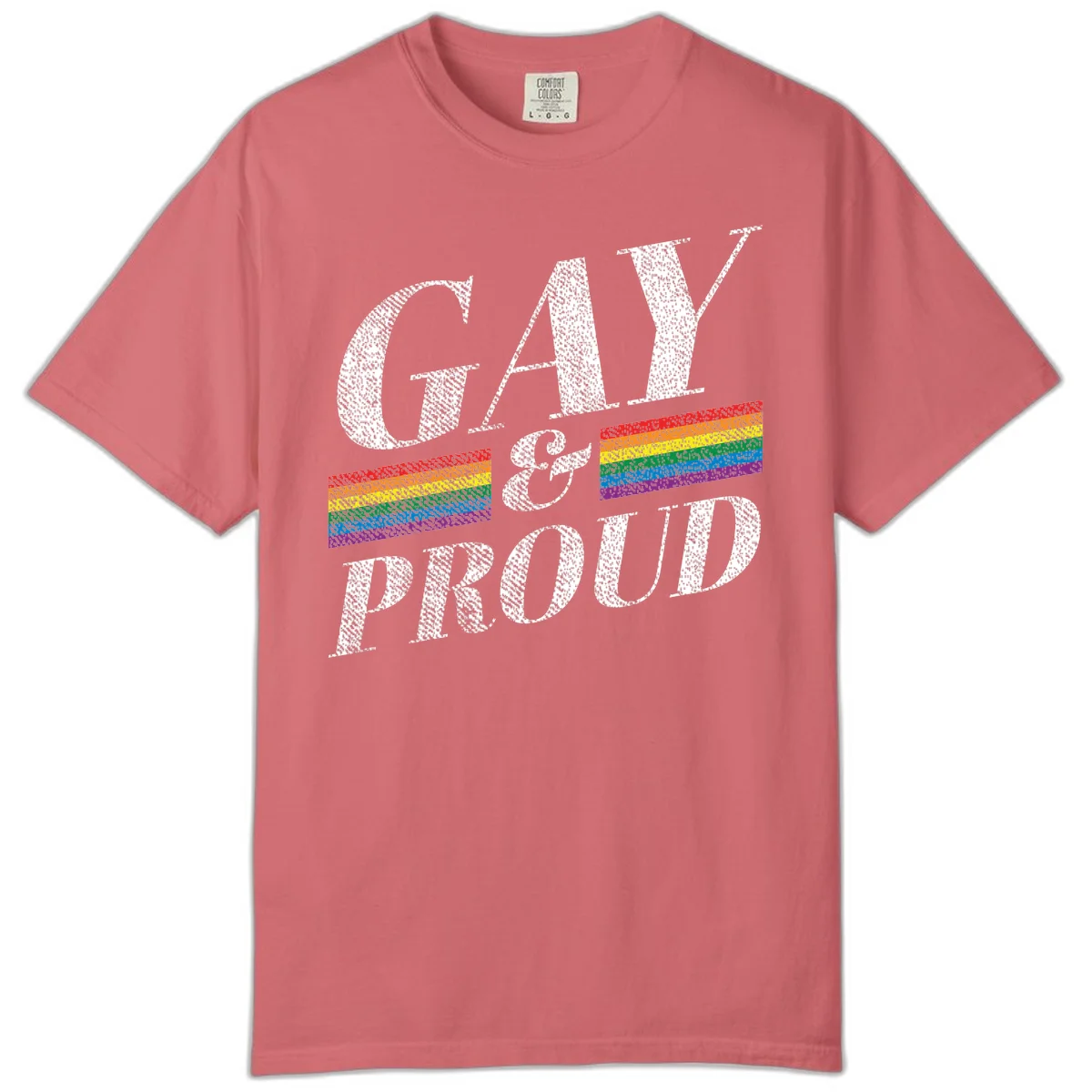Gay and proud pride design with large white textured letters and rainbow flag stripes on gray background in Watermelon